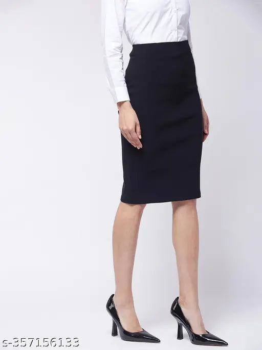 Purple Feather black pencil skirt with back slit, polycotton, solid pattern, super stretchable fabric, knee-length