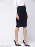 Purple Feather black pencil skirt with back slit, polycotton, solid pattern, super stretchable fabric, knee-length