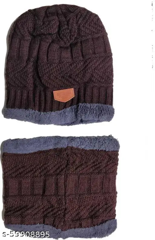 Wool unisex beanie with fur skull pattern and neck warmer, great for winter outdoor activities like skiing and camping