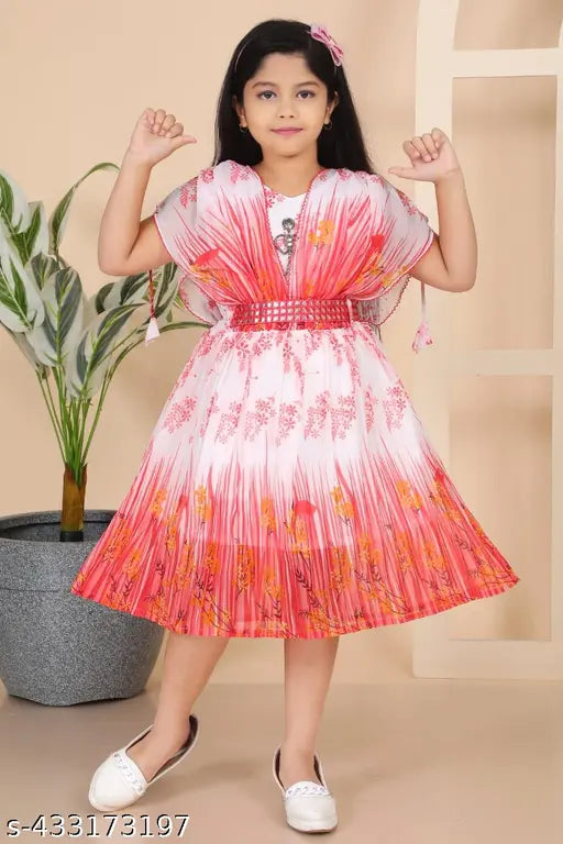 Elegant red floral knee-length dress with adjustable waist belt, perfect for girls' party and casual wear in sizes 5-12 years