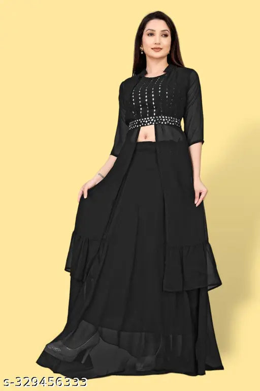 Georgette ethnic motifs embroidered work top with plazzo and shrug, three-quarter sleeves, Indian craftwork on display