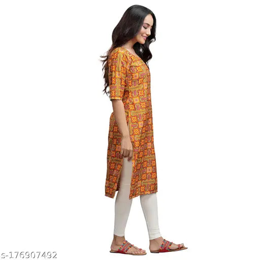 Stylish multicolor ethnic motif printed straight kurti in crepe fabric, 100% American crepe, three-quarter sleeves