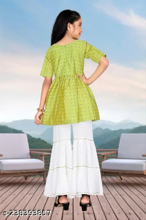 Classic cotton silk anarkali sharara set, embellished short sleeves for girls aged 5-12, Indian traditional clothing on display