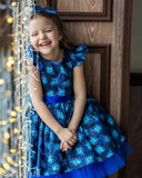 Blue satin kids round neck frock by Niren Enterprise, printed net pattern, short sleeves