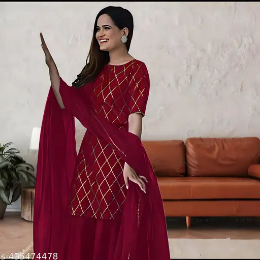 Diwali-2024 Special Rayon Kurta Set with Net Dupatta and Short Sleeves, embellished for women and girls