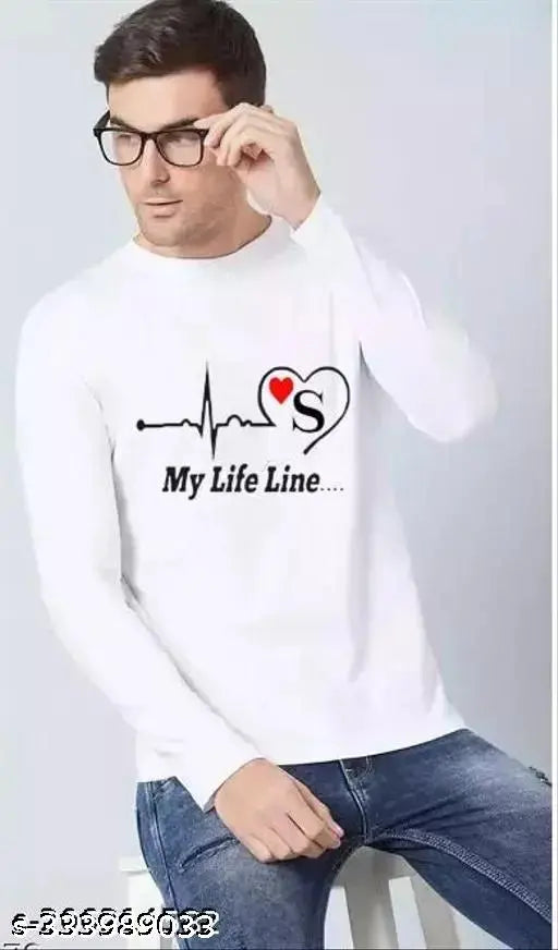 Polyester full-sleeve printed T-shirt for men, available in sizes S-XXL. Indian-made regular fit clothing