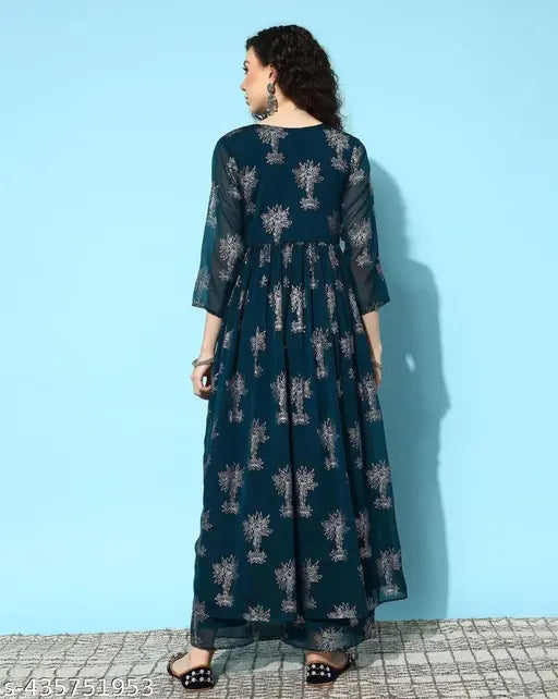 Premium Georgette Gown with pant dupatta, printed net, three-quarter sleeves, maxi palazzos, India origin
