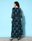 Premium Georgette Gown with pant dupatta, printed net, three-quarter sleeves, maxi palazzos, India origin