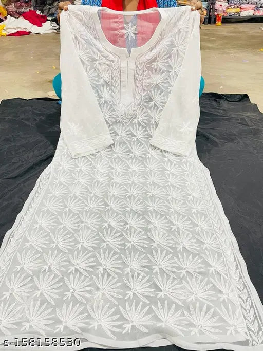 White georgette long-sleeved T 30 Chikankari top from India
