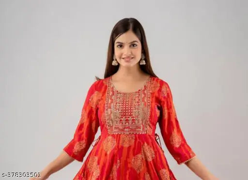 Rayon embroidered anarkali kurta with latest Sanganeri print for women and girls, size XS-6XL, three-quarter sleeves