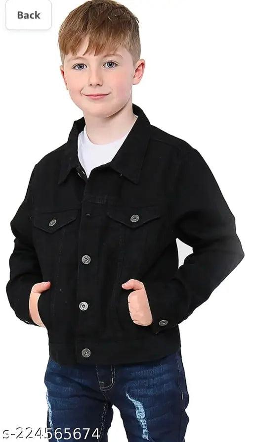 Denim kid kacket, solid pattern long-sleeved jacket for kids aged 5-12, made in India