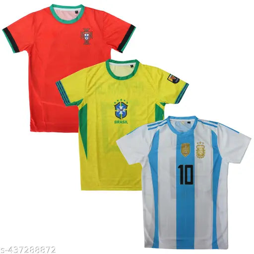 Polyester football jersey of Messi, Neymar, and Ronaldo NEW for Argentina, Brazil, and Portugal. Printed short-sleeved jerseys on display with country flags. Sizes include S, M, L, XL from India