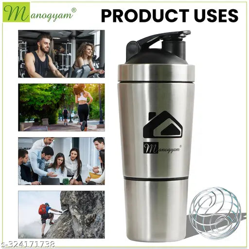 Stainless steel protein shaker bottle, 0.5L, silver, leak-proof, dual scales