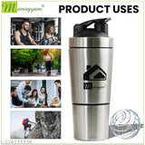 Stainless steel protein shaker bottle, 0.5L, silver, leak-proof, dual scales