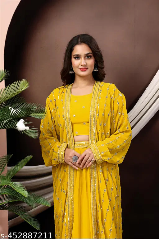 Chic pink georgette crop top & sharara set, embroidered net, modern ethnic elegance