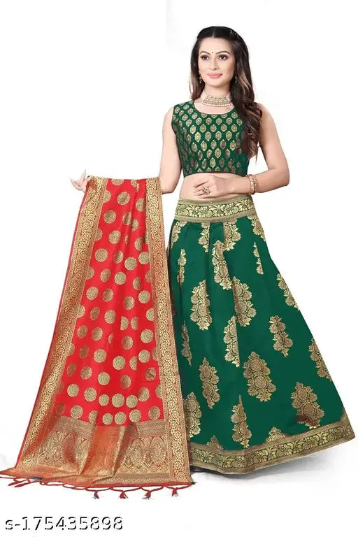 Art Silk Lehenga and dupatta set from Jay Nejadhari Traditional Jacquard Collection, Kashish - Indian bridal wear in heavy brocade and Banarasi Jacquard silk. Approx. 2.10m length with 1 piece of Lehenga, 1 piece of Blouse, and 1 piece of Dupatta