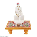 Marble Sai Baba idol on flower design chowki, elegant decor for pooja mandir, office, or gifts. India origin
