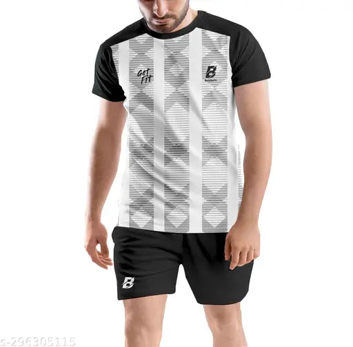 Comfortable polyester sports jersey & shorts for football, tennis, hockey, badminton, and running. Vibrant print design, suitable for various indoor/outdoor activities. XXL size, made in India