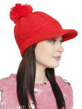 Red wool knit skull pompom cap, warm and cozy for women and girls, ideal for autumn-winter wear, made of acrylic and anti-allergic material