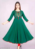 Rayon Anarkali Kurti, embroidered with three-quarter sleeves, SML sizes. Indian traditional evening wear on mannequin