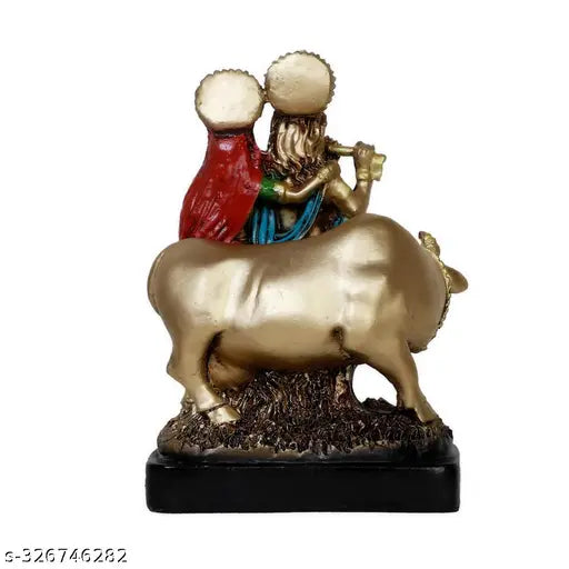 Poly Resin Radha Krishna Cow Idol, 10cm x 14cm x 22cm, Indian origin
