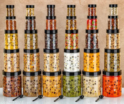 Black Savorier premium printed design kitchen containers, airtight and stackable with various sizes: 6 pcs 2000ml, 6 pcs 1200ml, 6 pcs 650ml, 6 pcs 350ml, 6 pcs 250ml. Perfect for grocery storage in your modern kitchen