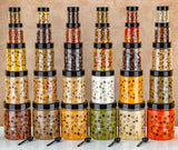 Black Savorier premium printed design kitchen containers, airtight and stackable with various sizes: 6 pcs 2000ml, 6 pcs 1200ml, 6 pcs 650ml, 6 pcs 350ml, 6 pcs 250ml. Perfect for grocery storage in your modern kitchen