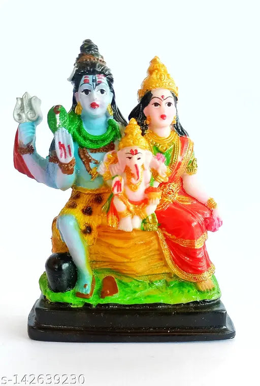 Poly resin Shiv Parivaar Idol Figure Statue Murti, ideal for puja and home decor, featuring Shivji Ganesh Ji and Parvati Ji, size 13x10x3cm