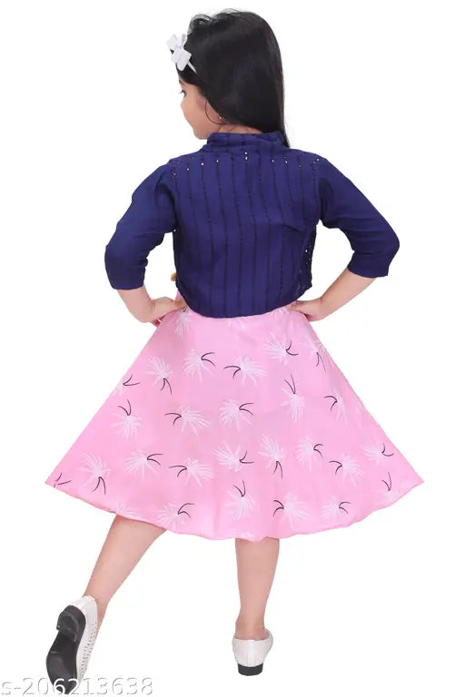 Rayon printed jeket dress with three-quarter sleeves, perfect for parties and special occasions. Skin-friendly, comfortable, and suitable for all seasons. Available sizes: 2-3 Years (Bust Size: 24 in, Length Size: 26 in), 3-4 Years (Bust Size: 24 in, Length Size: 27 in), etc. Origin: India