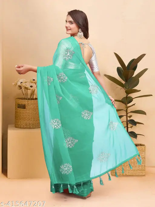 Embroidered chiffon saree with separate blouse piece in matte silk, Indian partywear fashion