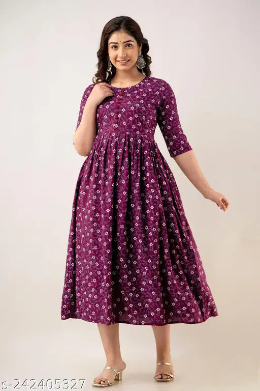 Trendy flared rayon kurti gown, printed combo, three-quarter sleeves - women's stylish partywear dress from Vandana Creation