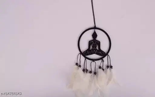 Handmade feather dreamcatcher with Lord Buddha, Shiva-inspired design. Indian handcrafted car hanging emblem for positive vibes and home decor
