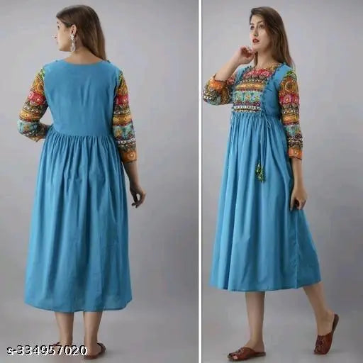 Blue rayon Anarkali kurti, three-quarter sleeves, solid pattern for women's casual wear, ideal for parties & outings