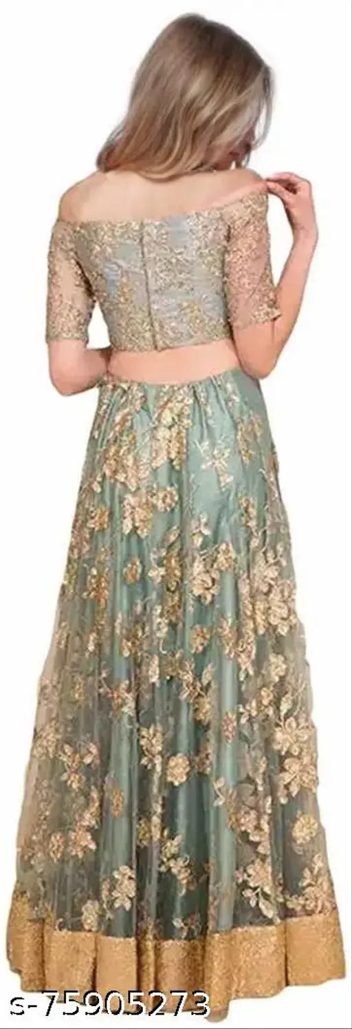 Embroidered semi-stitched grey lehenga choli with floral net dupatta, perfect for Indian traditional events