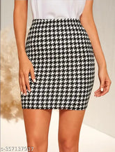 Black printed mini skirt, casual polyester blend with above-knee length (17 inches), perfect for casual, formal, office, or party wear