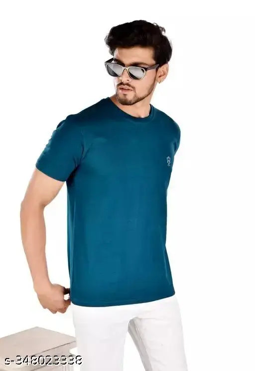 Men's blue cotton round neck fit short sleeves printed t-shirt, ideal for casual wear or sports activities