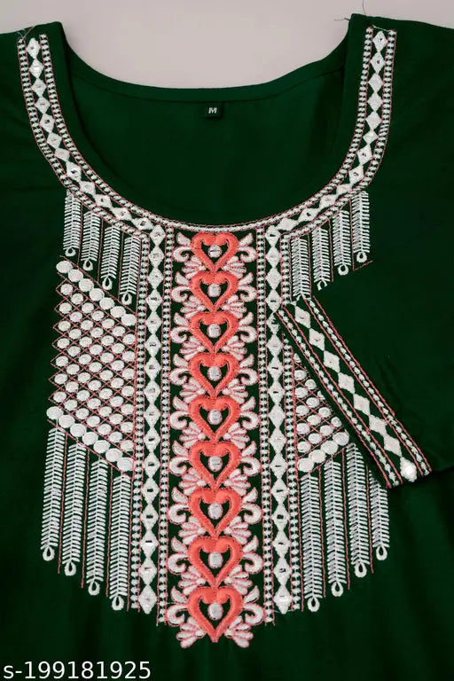 Green Rayon embroidered kurti for office/party wear by Kapadia, three-quarter sleeves, festive and stylish