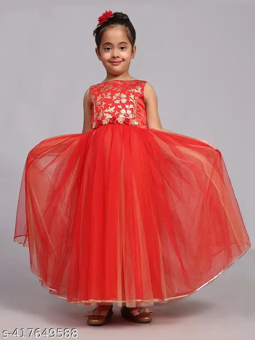Rose red net party dress for kids, embellished with toy balloon print, sleeveless and full-length