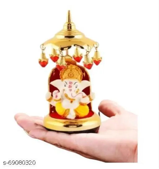 Marble Ganesh Idol with gold-plated umbrella stand, 3" x 6". Handcrafted Indian Hindu statue for home decor, offices, cars, and small temples