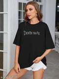 Black cotton oversize Death Note women's t-shirt with off-shoulder design, printed pattern. XS (Bust 36in, Length 25in), S-XL sizes available. Made in India