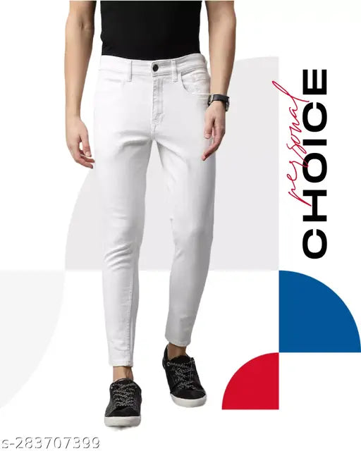 White cotton blend basic jeans, solid pattern, comfortable fit for men & boys, sizes 28, 30, 32 - Indian origin