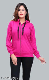 Cotton blend women's jacket, pink solid pattern, long sleeves, universally loved for coziness and consistency, ideal for layering in colder weather. Made in India