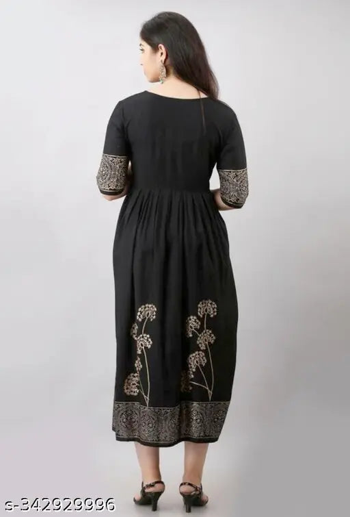 Traditional black rayon anarkali kurta with three-quarter sleeves, flower printed for festive wear