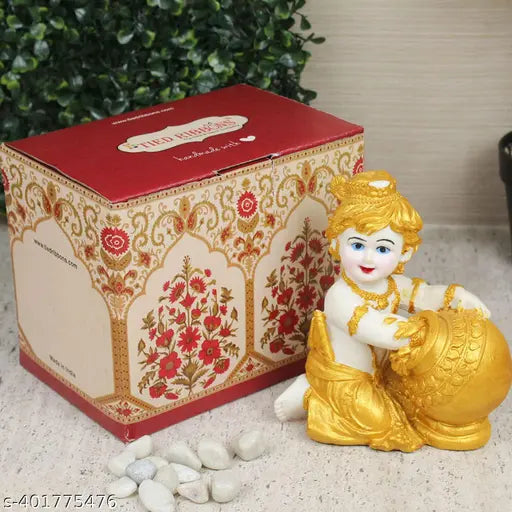 Gold-plated resin Krishna idol figurine for home decor, pooja room, bedroom, living room, office, or gifting (11cmL x 14cmH x 6.5cmB)