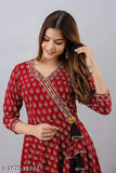 Red rayon Anarkali kurti with raindrop print, three-quarter sleeves for women's fashion