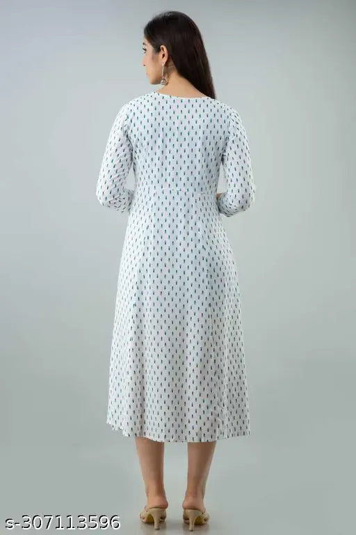 Rayon printed Anarkali Kurta, embroidered women's outfit with three-quarter sleeves. Indian traditional design featuring pomegranate motifs for wedding and parties. Size S (Bust 36in), M (Bust 38in), L (Bust 40in), available in XXL, XL, XXXL. Handcrafted in India