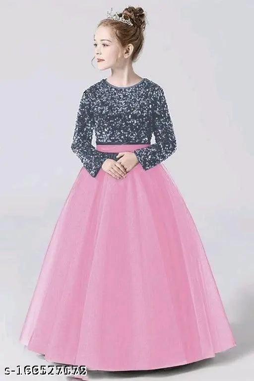 Embellished net party dress for girls aged 3-4 years, full length with long sleeves, Indian origin