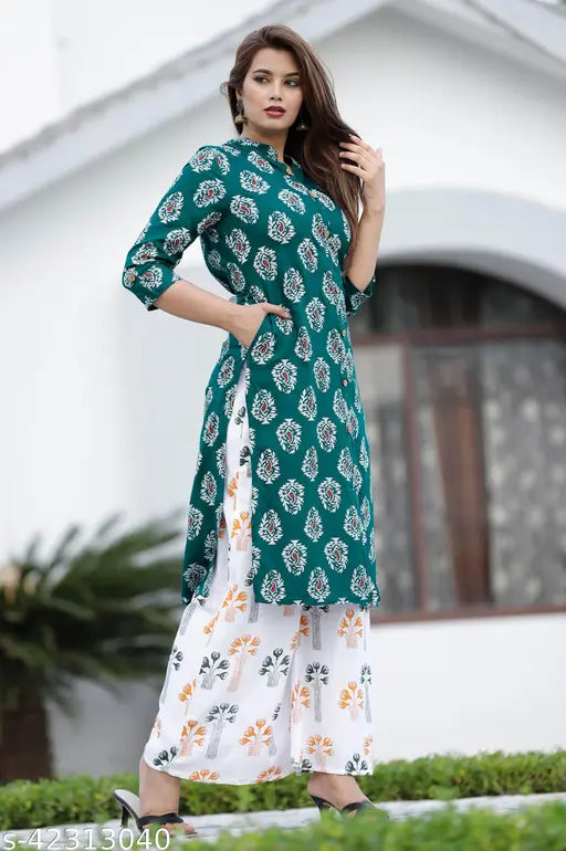 Green rayon printed kurta and palazzo set for women, one side pocket, trendy fashionable design