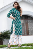 Green rayon printed kurta and palazzo set for women, one side pocket, trendy fashionable design