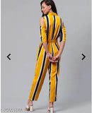Yellow poly crepe striped jumpsuit with three-quarter sleeves, women's fashion, India